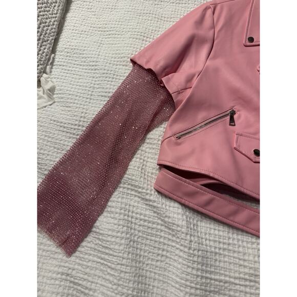 Azalea Wang Acerola Bling Rhinestone Sleeve Moto Jacket Pink 1X Pretty - Picture 2 of 9